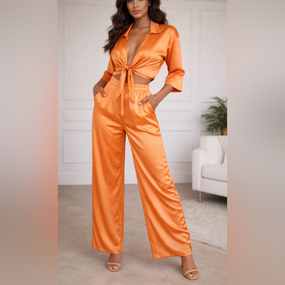House of Harlow Orange Satin Chic Pants Set Funky Artsy Coordinating Sz Medium